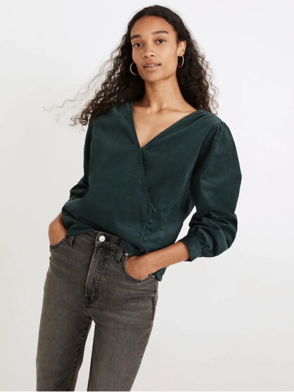 Madewell Corduroy Kinston Side Button Wrap Top Size Small Midnight Green